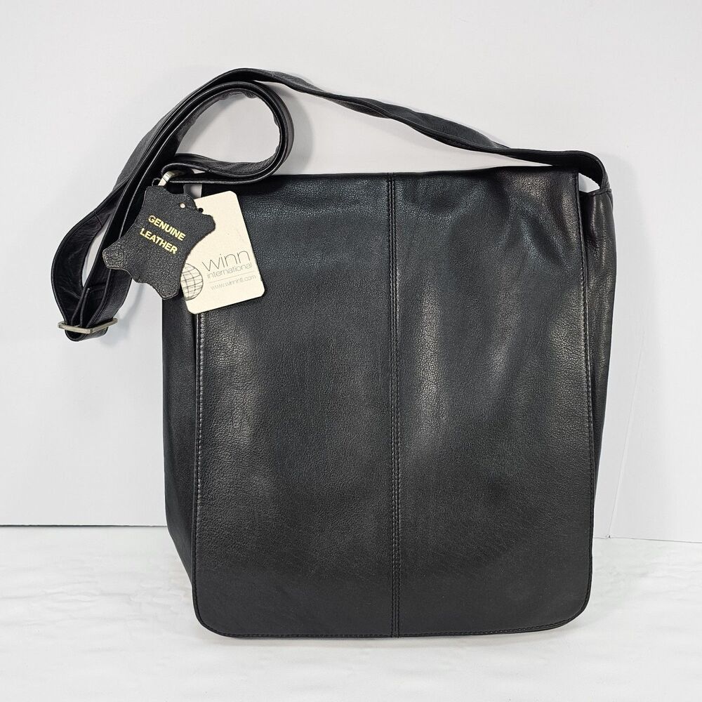 WINN International Black Genuine Leather Messenger Bag